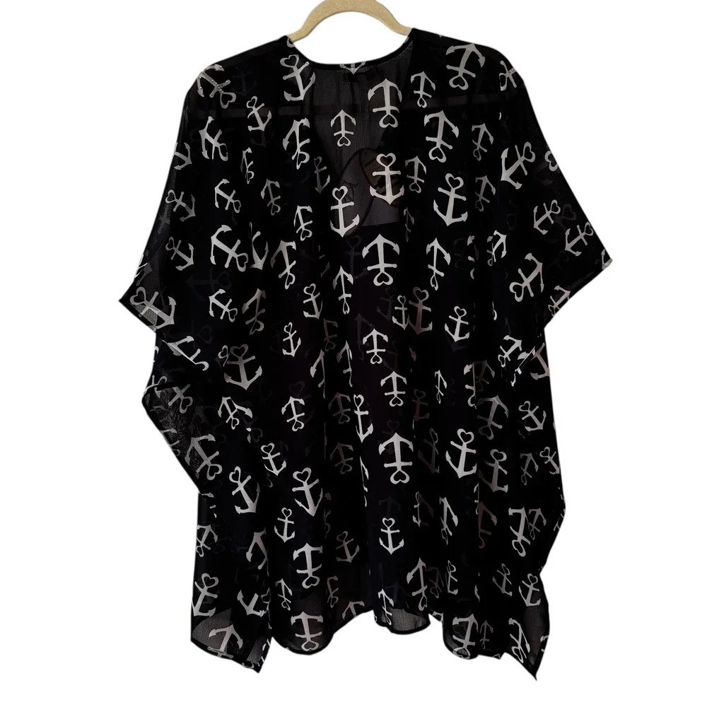 NWT‎ Zuécar Navy Anchor Heart Print Sheer Kimono Cover Up Kaftan Top F/S